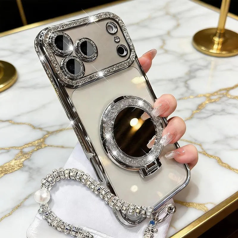 ✨💎Csillogó gyémánt mintás női telefontok tükörrel és állvánnyal iPhone 12/13/14/15/16/17 Pro Max,17Air,14/15/16 Plus készülékekhez💖