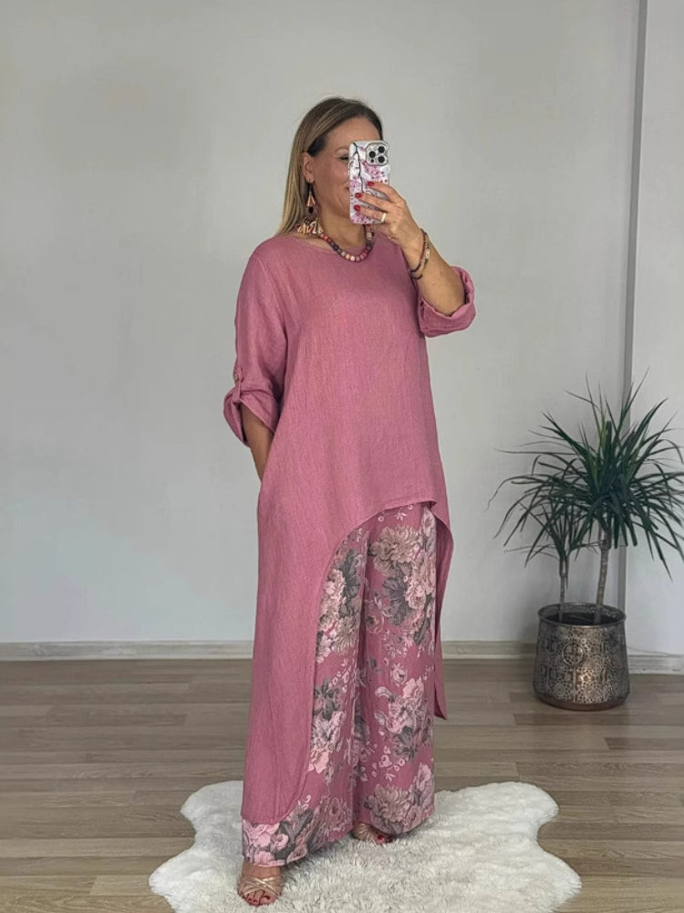 Casualowy nieregularny top i spodnie z szerokimi nogawkami Zestaw bawełny i lnu