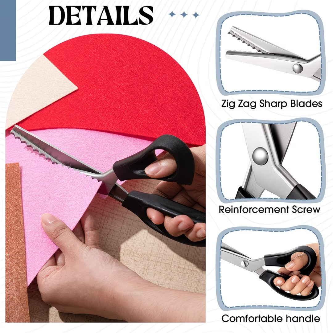 ✂️🧵 Kézzel tartható professzionális szabó olló recés (hullámos) éllel, 3 mm, 5 mm és 7 mm méretben kapható, különféle szövetek, papír és textíliák vágására alkalmas.