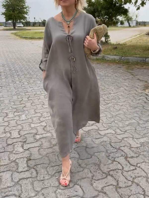 🎁👗Pamut és lenvászon V-nyakú ruha