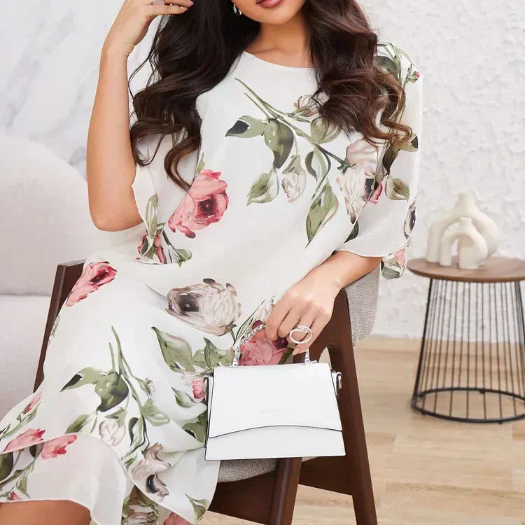 FORRÓ 50% 👗 Pirosas, Sziromszirmos, Világos Sifon Ruha